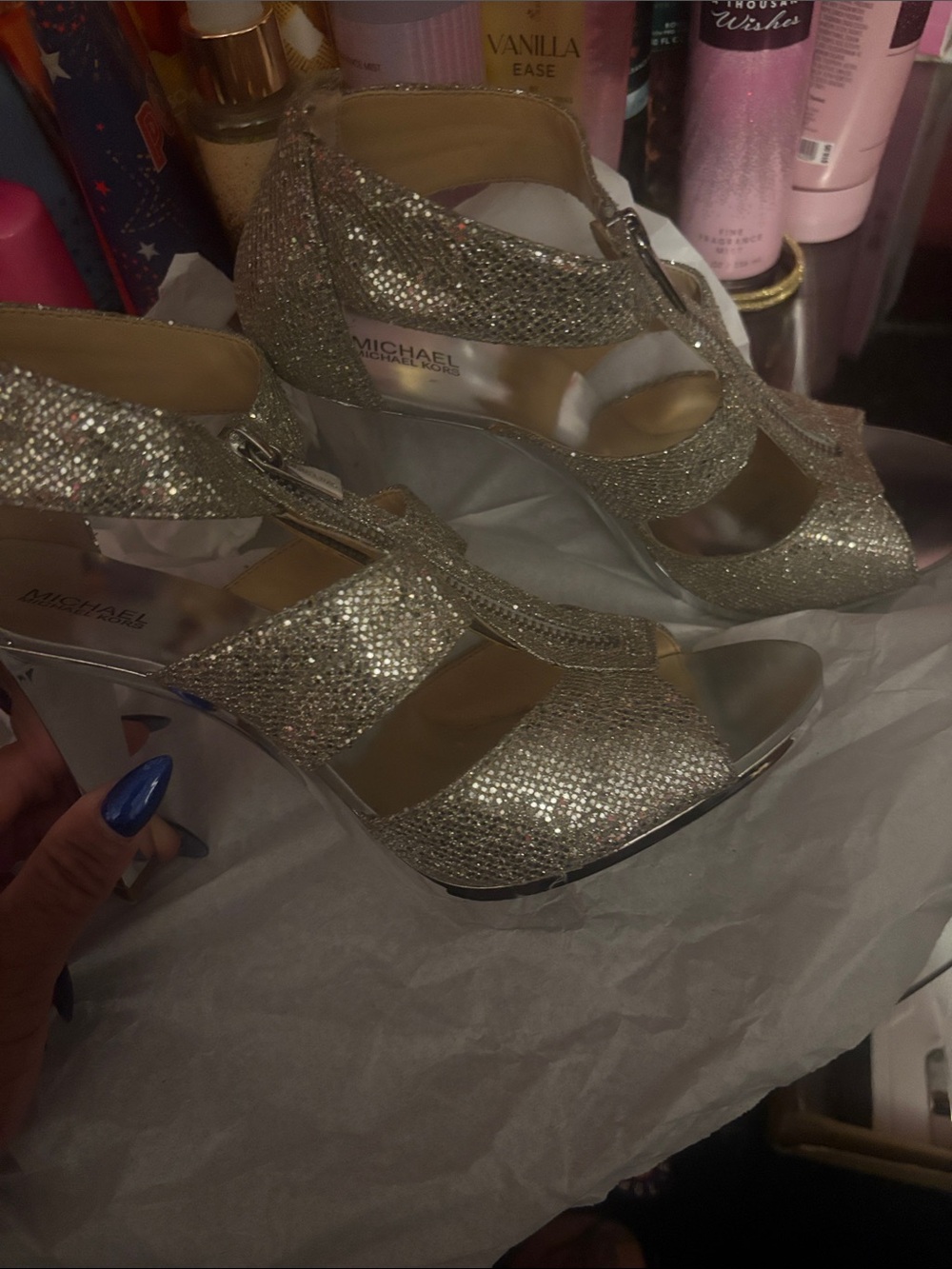 Michael Kors Glitter Peep-Toe Ankle Strap Heels in Silver